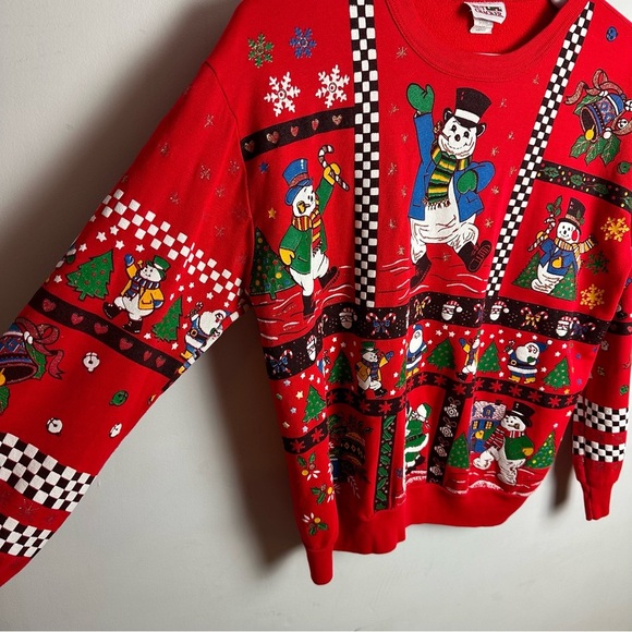 Vintage Christmas Sweatshirt Jumper Women's Size Large Checkered Santa Snowman - Picture 3 of 12